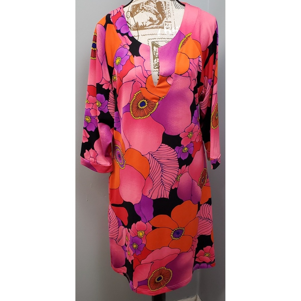 Tracy Negoshian Dress Womens Large Multi Floral 3/4 Sleeve Split V-Neck Side Zip